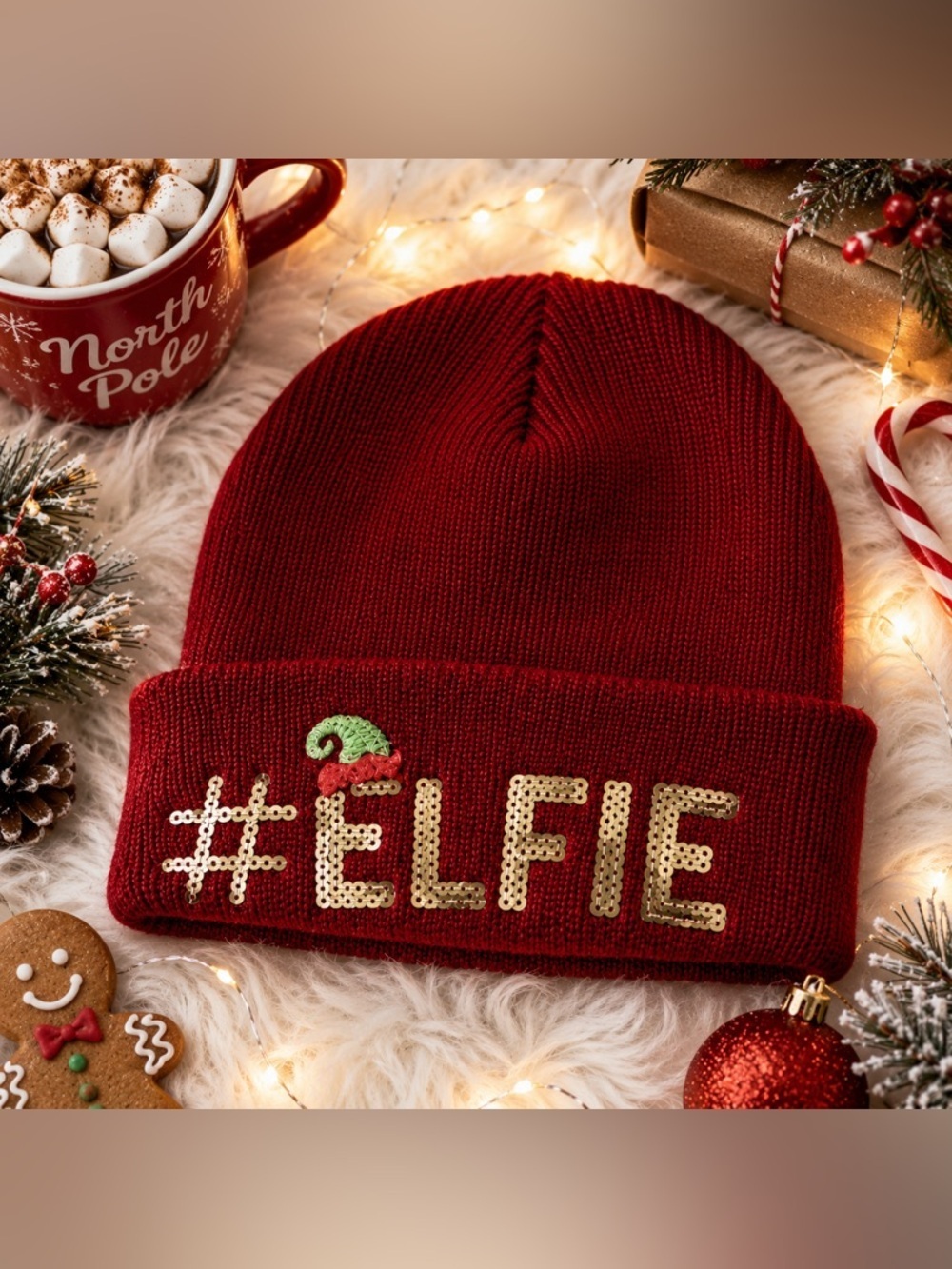 Red “#ELFIE” Christmas Knit Beanie Hat